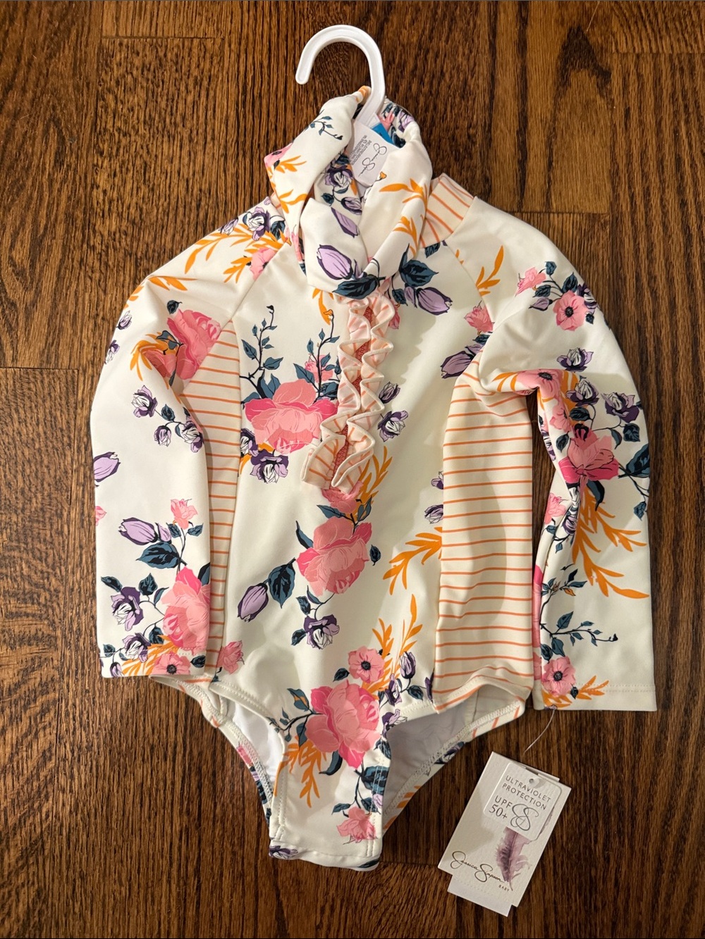 Jessica Simpson Girls' Floral Long-Sleeve Rashguard - Pink, Cream & Orange